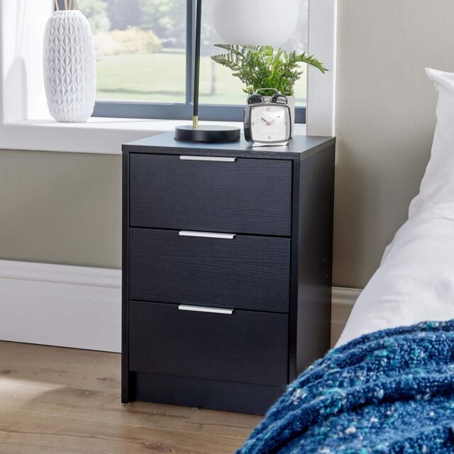 Home Source Phoenix Bedside 3 Drawer Storage Bedroom Nightstand Lamp Side Table in Black - image 1