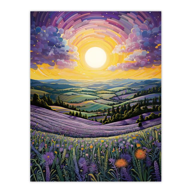 "Artery8 Wall Art Print Vibrant Sunrise over Blooming Lavender Fields Poster Picture in Purple - Size: W18"" x H24""" - image 1