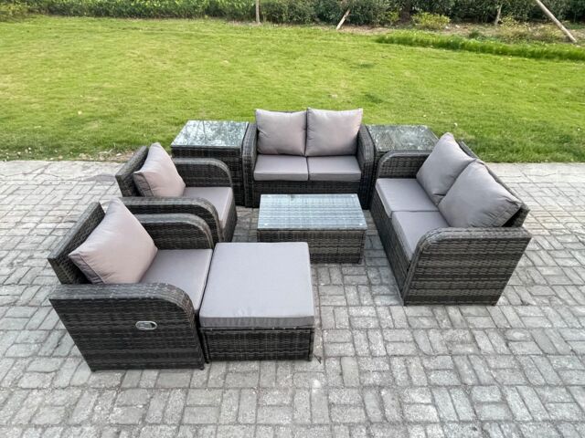 Fimous 7 Seater Rattan Garden Furniture Set Patio Outdoor Lounge Sofa Set with Rectangular Coffee Table Big Footstool Love Sofa 2 Side Tables - image 1
