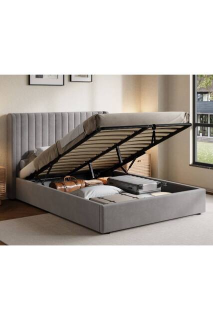 Groundlevel Belgravia Velvet Upholstered Gas Lift Ottoman Bed Frame in Silver - Size: Double - image 1