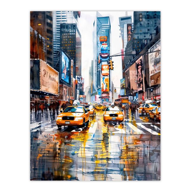"Artery8 Times Square Taxis Billboards Watercolour Iconic Wall Art Print - Size: W24"" x H32""" - image 1