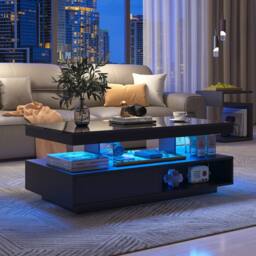 Rolipo Modern Black High Gloss LED Coffee Table with Storage Drawers - Size: 1 Pack