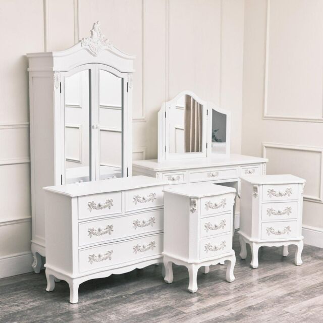 Melody Maison Antique White Closet, Dressing Table Set, Chest Of Drawers & Pair Of Bedside Tables - Pays Blanc Range - image 1