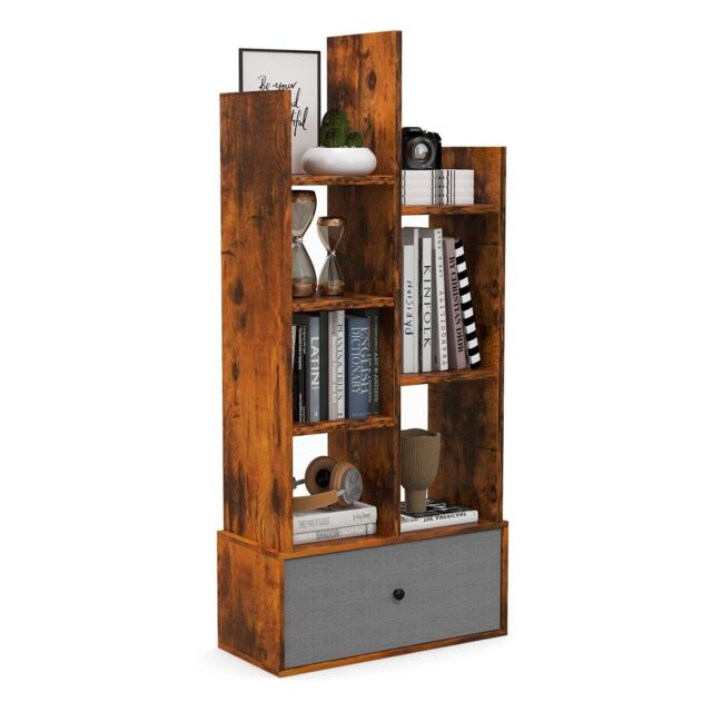 Gymax 7 Tier Bookshelf Open Bookcase Organizer Display Shelf With Drawer in Brown - image 1