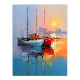 "Artery8 Wall Art Print Sailboats Reflecting in Calm Misty Sunrise Seascape Poster in Blue - Size: W18"" x H24""" - thumbnail 1