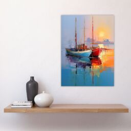 "Artery8 Wall Art Print Sailboats Reflecting in Calm Misty Sunrise Seascape Poster in Blue - Size: W18"" x H24""" - thumbnail 4