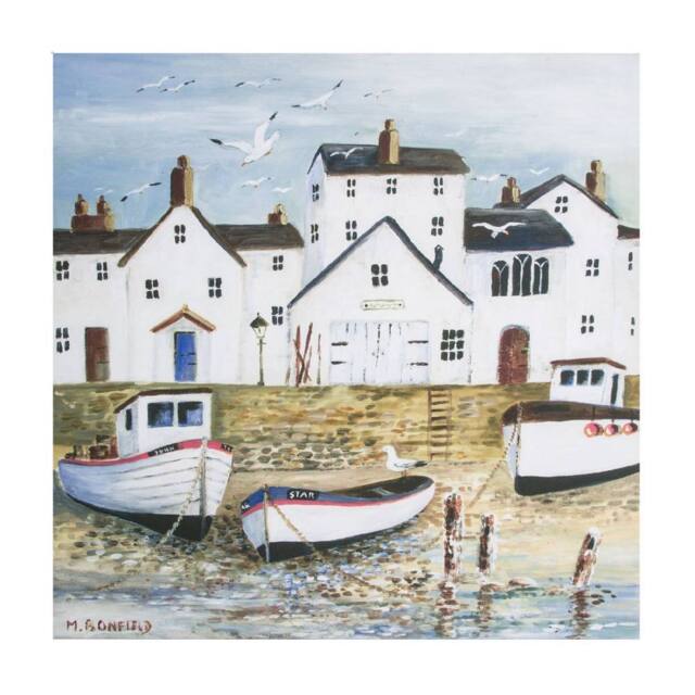 Art for the Home Harbourside Seascape Hand Painted Effect Printed Canvas in White - image 1