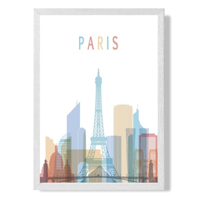ARTZE Paris Colourful City Skyline Framed Print SIZE: A3 with White Frame in Pale Blue - Size: A4 - image 1