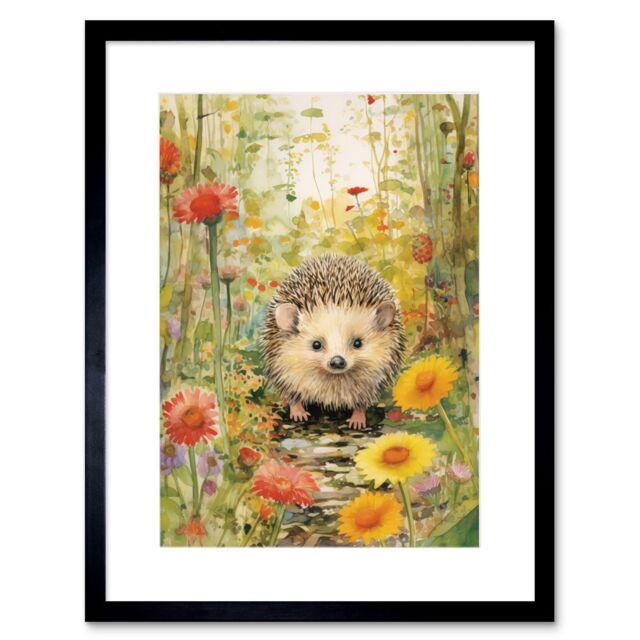 Artery8 Wall Art Print Adorable Hedgehog in a Wildflower Meadow Watercolour Painting Kids Bedroom Cute Woodland Creature Artwork Framed 9X7 Inch - image 1