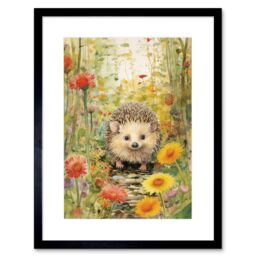 Artery8 Wall Art Print Adorable Hedgehog in a Wildflower Meadow Watercolour Painting Kids Bedroom Cute Woodland Creature Artwork Framed 9X7 Inch - thumbnail 1
