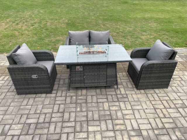 Fimous Rattan Outdoor Garden Furniture Sofa Set Gas Fire Pit Dining Table Gas Heater with Love Sofa 2 Recling Chair Dark Grey Mixed - image 1