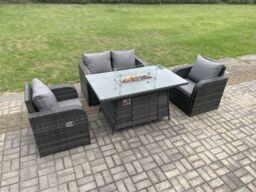 Fimous Rattan Outdoor Garden Furniture Sofa Set Gas Fire Pit Dining Table Gas Heater with Love Sofa 2 Recling Chair Dark Grey Mixed - thumbnail 3