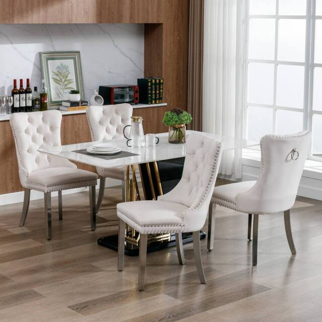 Modern Home Touch Winchester Set of 4 Velvet Upholstered Kitchen Dining Chairs with Sliver Chrome Legs in Beige - Size: 4 Pack - image 1