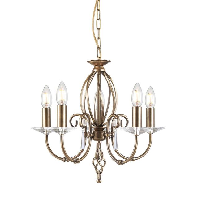 Loops 5 Bulb Chandelier Cut Glass Droplets Curved Stem Aged Brass LED E14 60W in Clear