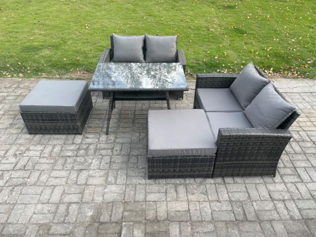 Fimous 6 Seater Wicker PE Rattan Garden Dining Set Outdoor Furniture Sofa with Rectangular Dining Table Double Seat Sofa 2 Big Footstool in Dark Grey - image 1