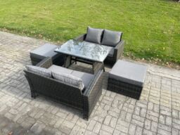 Fimous 6 Seater Wicker PE Rattan Garden Dining Set Outdoor Furniture Sofa with Rectangular Dining Table Double Seat Sofa 2 Big Footstool in Dark Grey - thumbnail 2