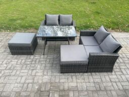 Fimous 6 Seater Wicker PE Rattan Garden Dining Set Outdoor Furniture Sofa with Rectangular Dining Table Double Seat Sofa 2 Big Footstool in Dark Grey - thumbnail 1