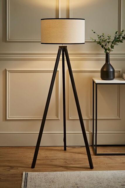 ValueLights Barbro Black Wood Tripod Floor Lamp & Natural Linen Trim Shade - image 1