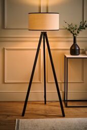 ValueLights Barbro Black Wood Tripod Floor Lamp & Natural Linen Trim Shade - thumbnail 2
