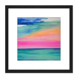 Artery8 Modern Hazy Pink & Orange Seascape Watercolour Sea Square Wooden Framed Wall Art Print Picture 8X8 Inch in Black - thumbnail 1