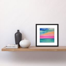 Artery8 Modern Hazy Pink & Orange Seascape Watercolour Sea Square Wooden Framed Wall Art Print Picture 8X8 Inch in Black - thumbnail 2