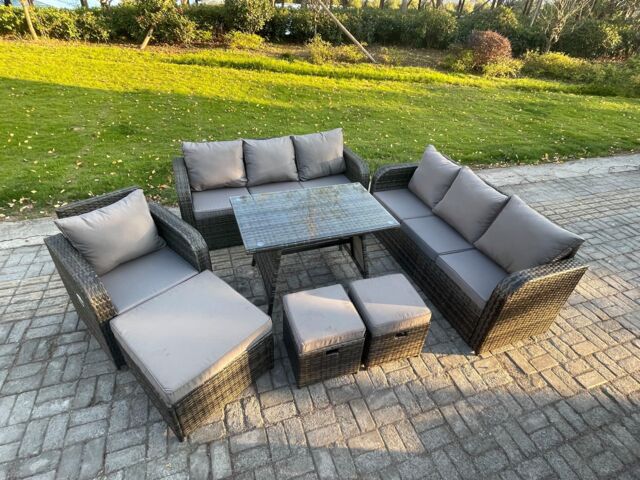 Fimous Wicker 7 Pieces Rattan Garden Furniture Sofa Set with Rectangular Dining Table Armchair 3 Footstools Dark Grey Mixed - image 1