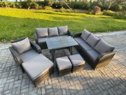 Fimous Wicker 7 Pieces Rattan Garden Furniture Sofa Set with Rectangular Dining Table Armchair 3 Footstools Dark Grey Mixed - thumbnail 1