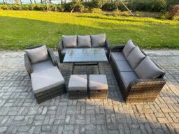 Fimous Wicker 7 Pieces Rattan Garden Furniture Sofa Set with Rectangular Dining Table Armchair 3 Footstools Dark Grey Mixed - thumbnail 2