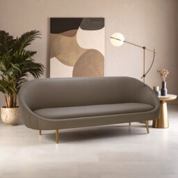 Orsina Silhouette Mink Sofa, Decorative Curved Sofa With Brown Faux Leather Upholstery, Gold Finished Couch Seat