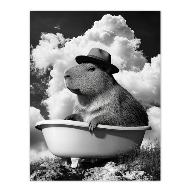 "Artery8 Capybara with Hat in Bathtub Black White Surreal Wall Art Print in Grey - Size: W18"" x H24""" - image 1