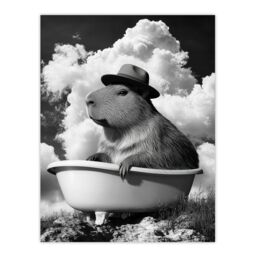 "Artery8 Capybara with Hat in Bathtub Black White Surreal Wall Art Print in Grey - Size: W18"" x H24""" - thumbnail 1