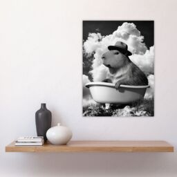 "Artery8 Capybara with Hat in Bathtub Black White Surreal Wall Art Print in Grey - Size: W18"" x H24""" - thumbnail 4
