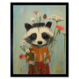 Artery8 Wall Art Print Cute Racoon Picking Wildflowers for a Spring Bouquet Oil Painting Amber Orange Baby Blue Kids Bedroom Artwork Art Framed - thumbnail 1