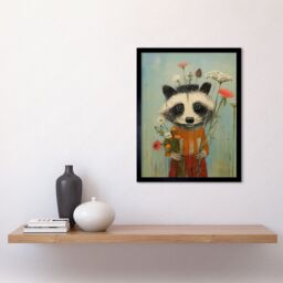 Artery8 Wall Art Print Cute Racoon Picking Wildflowers for a Spring Bouquet Oil Painting Amber Orange Baby Blue Kids Bedroom Artwork Art Framed - thumbnail 2
