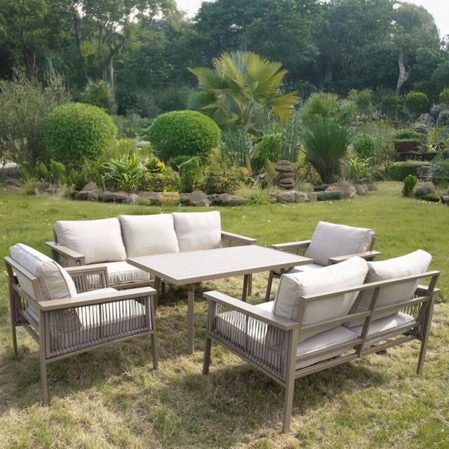 Shatchi Garden Sofa Set 7 Seater - Aluminium Rattan Garden Furniture with Table & Cushions in Beige - image 1