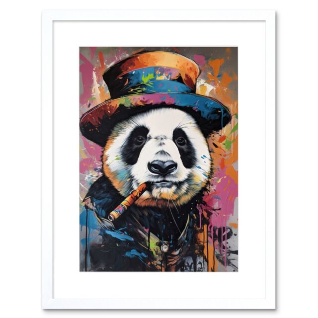 "Artery8 Wall Art Print Panda Bear with a Suit Low Top Hat & a Cigar Artwork Framed 9X7 Inch in White - Size: W7"" x H9""" - image 1