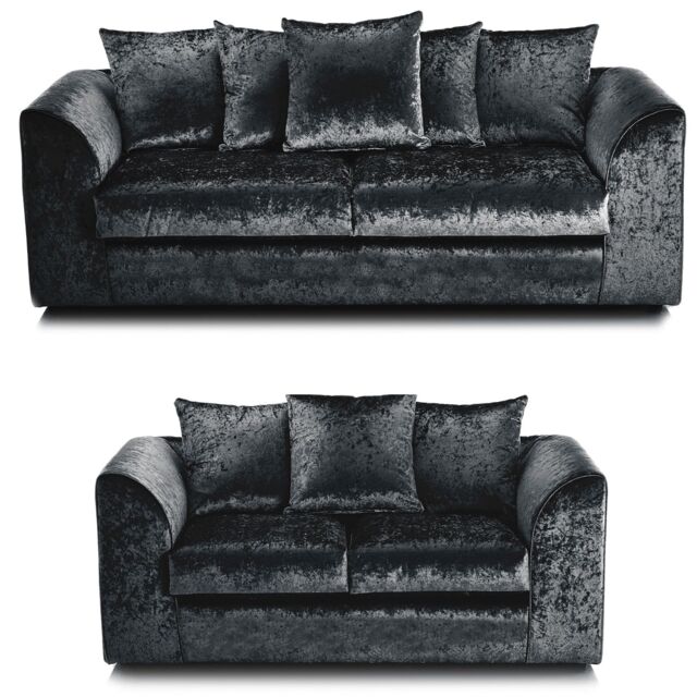 Furnishings For Less UK Crystal Crushed Velvet Sofa Set 3 & 2 Seater Sofa Scatter Back Curved Arm in Black - image 1
