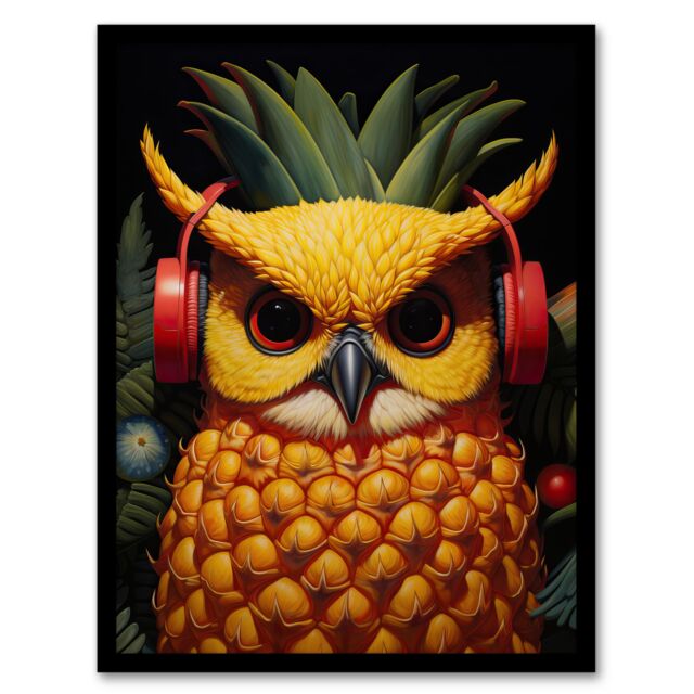 "Artery8 Pineapple Owl Bold Vibrant Rich Red Gold & Green Artwork Kitchen Retro Interior Design Art Print Framed Poster Wall Decor - Size: W12"" x H16""" - image 1