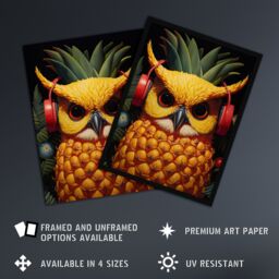 "Artery8 Pineapple Owl Bold Vibrant Rich Red Gold & Green Artwork Kitchen Retro Interior Design Art Print Framed Poster Wall Decor - Size: W12"" x H16""" - thumbnail 2
