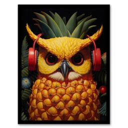 "Artery8 Pineapple Owl Bold Vibrant Rich Red Gold & Green Artwork Kitchen Retro Interior Design Art Print Framed Poster Wall Decor - Size: W12"" x H16""" - thumbnail 1