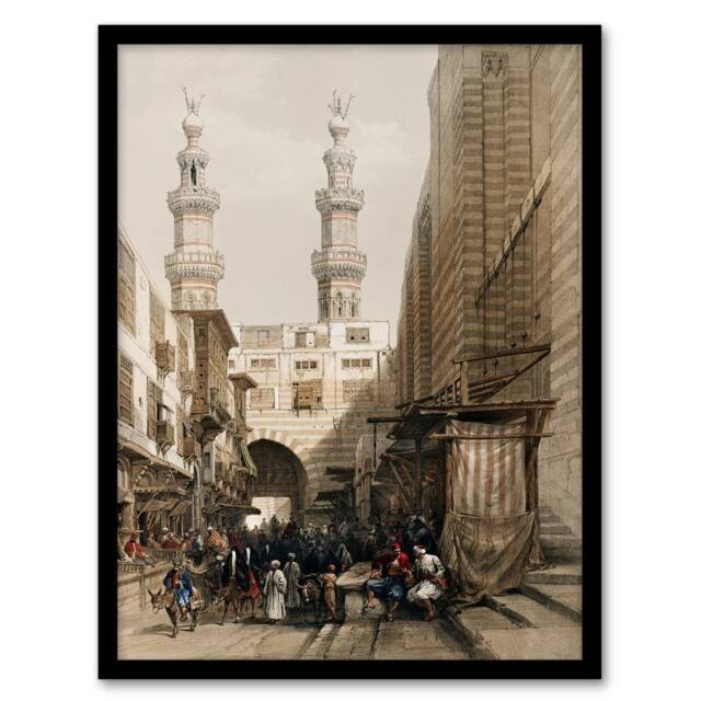 Artery8 David Roberts Framed Wall Art Metwaleys Minarets & Grand Entrance in Brown - Size: A4 - image 1