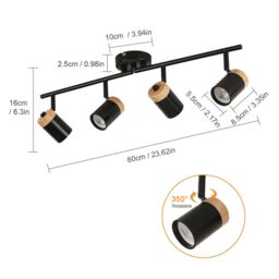 COMELY Black Wooden Ceiling Lights GU10 4-Arm LED 350° Swivel Spotlight - thumbnail 5