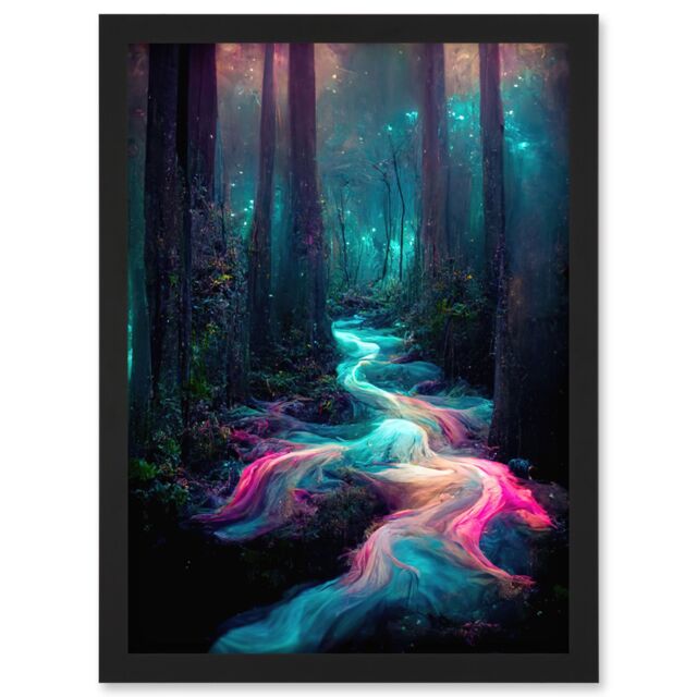 Artery8 The Enchanted Forest Magical Fantasy River Artwork Framed Wall Art Print A4 in Black - image 1