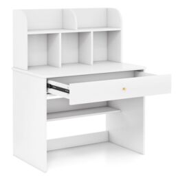 Gymax Wooden Study Desk Writing Table With Hutch & Drawer-White in White - thumbnail 9