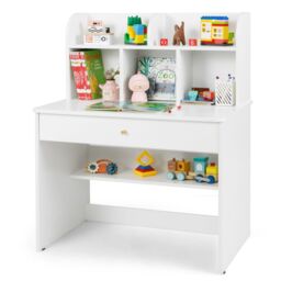 Gymax Wooden Study Desk Writing Table With Hutch & Drawer-White in White