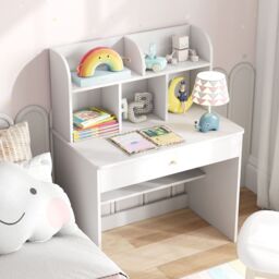 Gymax Wooden Study Desk Writing Table With Hutch & Drawer-White in White - thumbnail 3