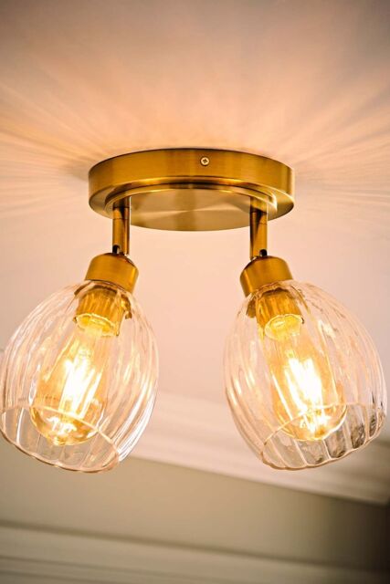 ValueLights Cheltenham 2 Way Ribbed Glass Spotlight Flush Ceiling Light & Bulbs in Gold - image 1