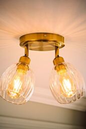 ValueLights Cheltenham 2 Way Ribbed Glass Spotlight Flush Ceiling Light & Bulbs in Gold
