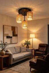 Living and Home Bohemian 3-Light Rattan Cage Ceiling Light Fixture in Black - thumbnail 2