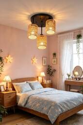 Living and Home Bohemian 3-Light Rattan Cage Ceiling Light Fixture in Black - thumbnail 1